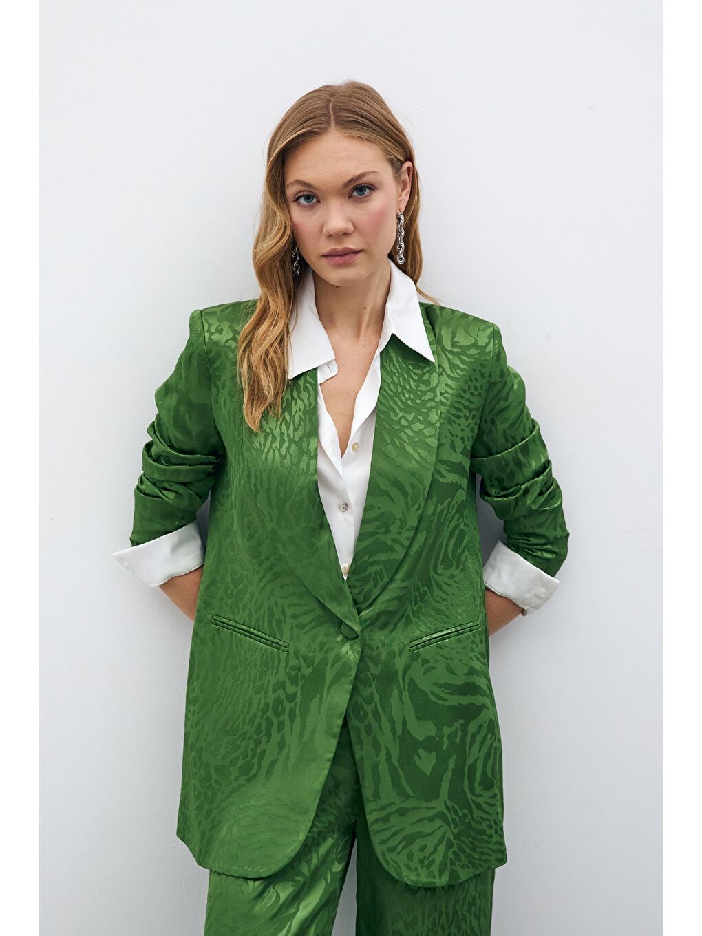 Desenli Saten Ceket - Yeşil-2