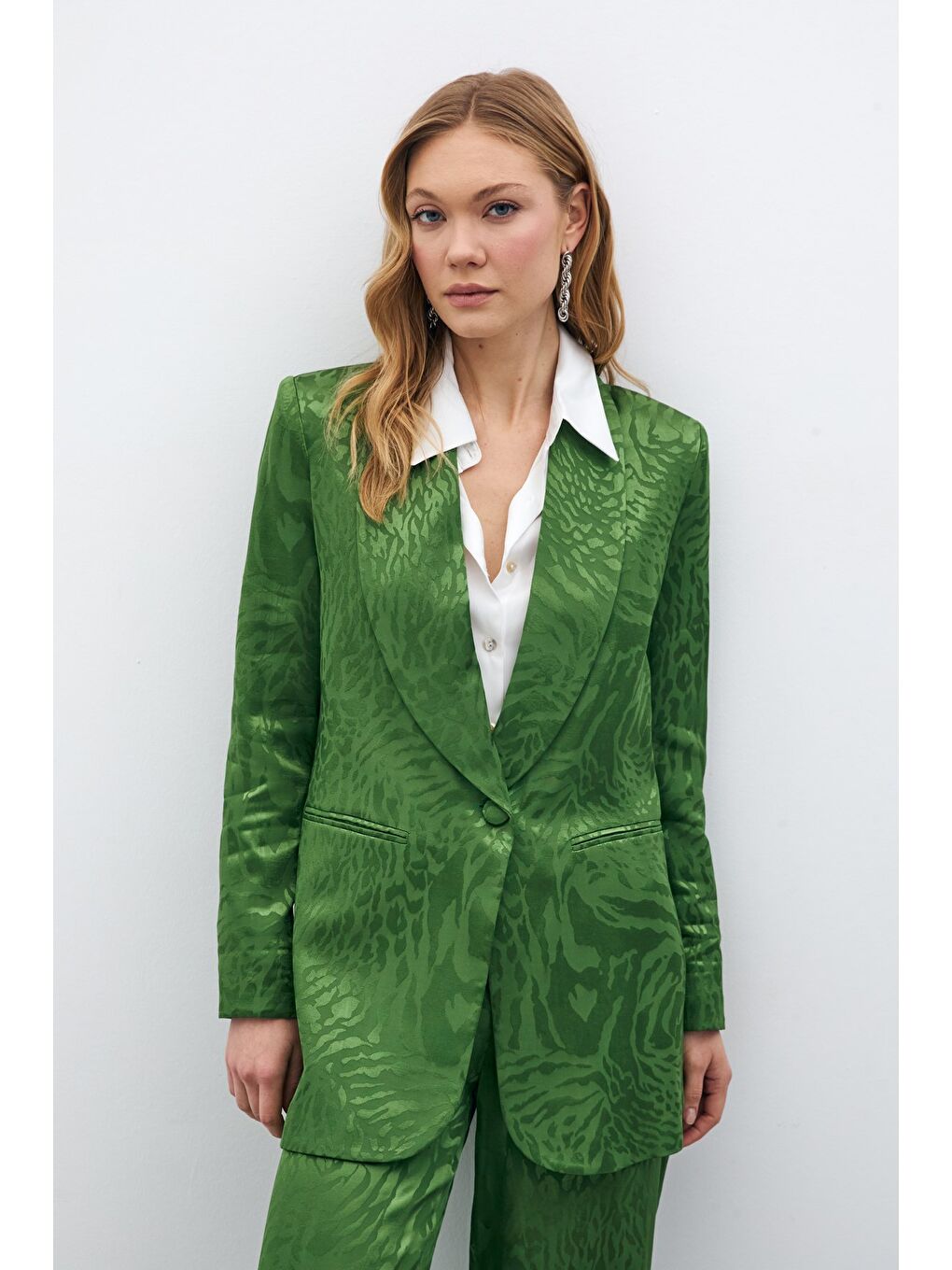 Desenli Saten Ceket - Yeşil-3
