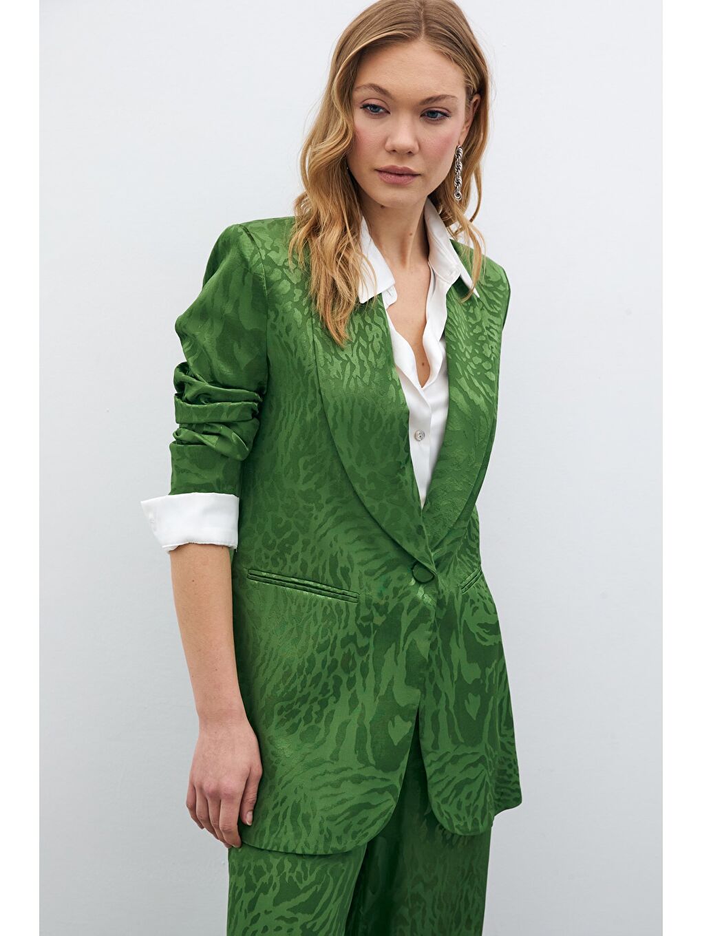 Desenli Saten Ceket - Yeşil-4