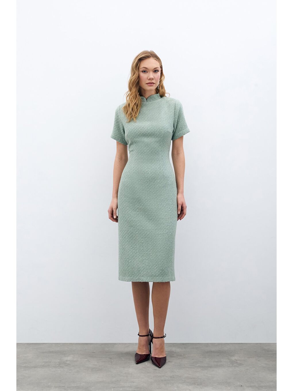 Yeşil Dik Yaka Tüvit Elbise - Mint