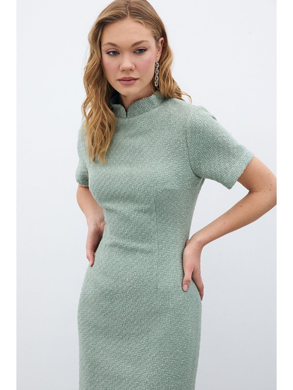 Yeşil Dik Yaka Tüvit Elbise - Mint-2