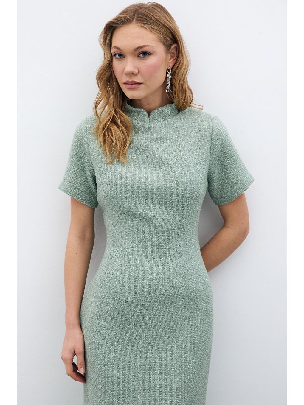 Yeşil Dik Yaka Tüvit Elbise - Mint-3