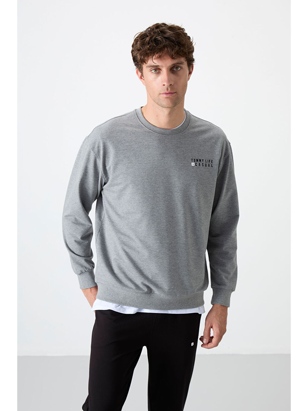 Gri Melanj - Siyah Casual O Yaka Lastik Paça Erkek Oversize Eşofman Takımı - 85120-1