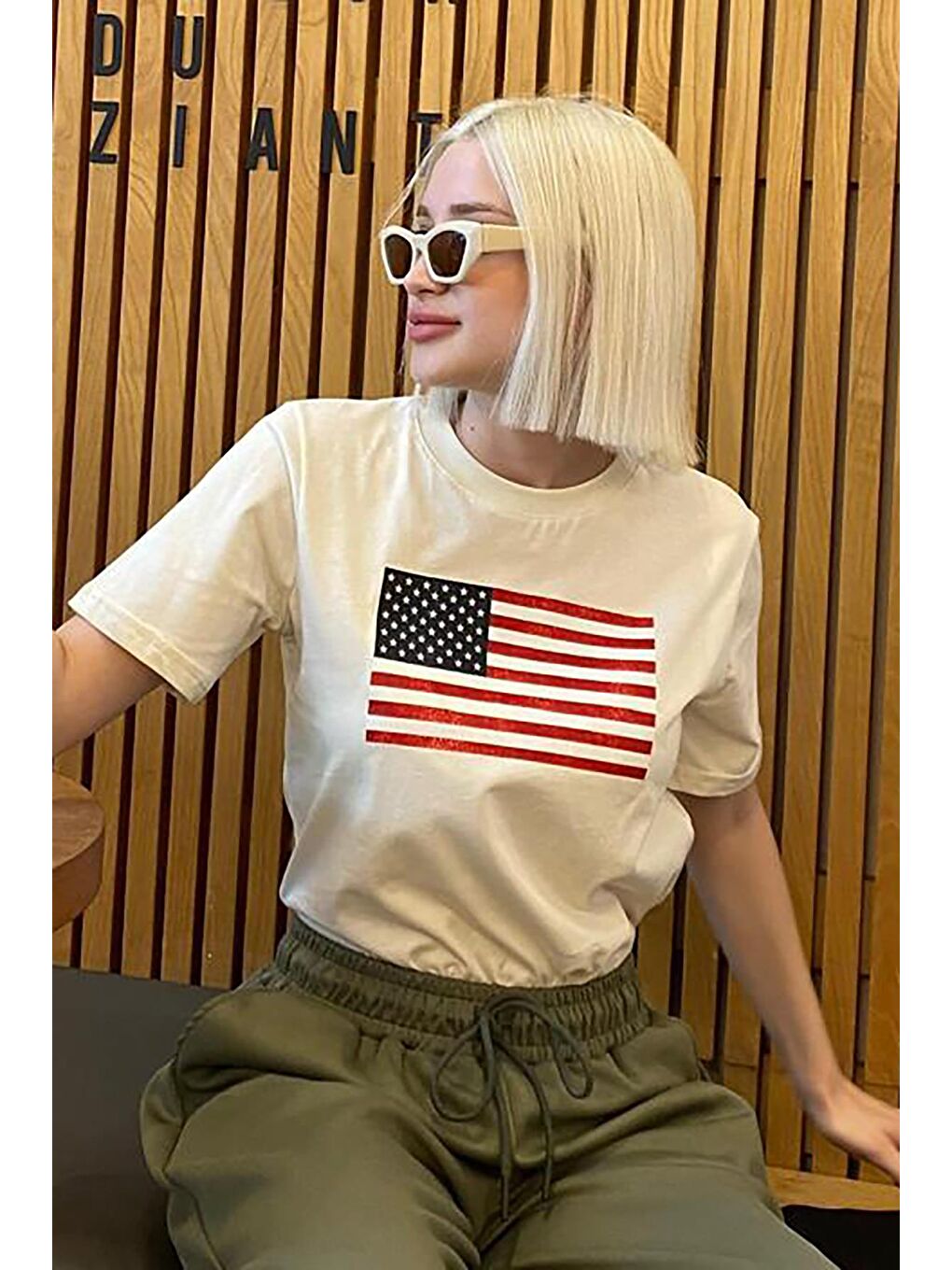 Lacivert  Baskılı Bisiklet Yaka Pamuklu Kısa Kollu Kadın Tişört MG2150-6