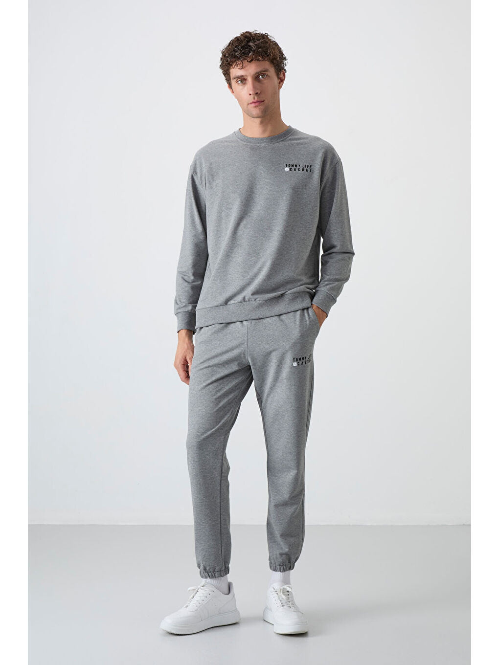 Gri Melanj Casual O Yaka Lastik Paça Erkek Oversize Eşofman Takımı - 85120