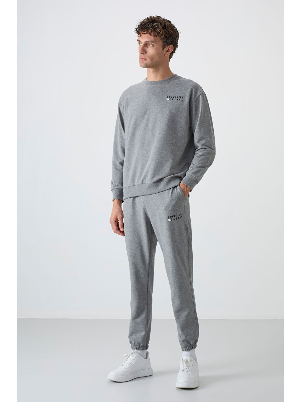 Gri Melanj Casual O Yaka Lastik Paça Erkek Oversize Eşofman Takımı - 85120-2
