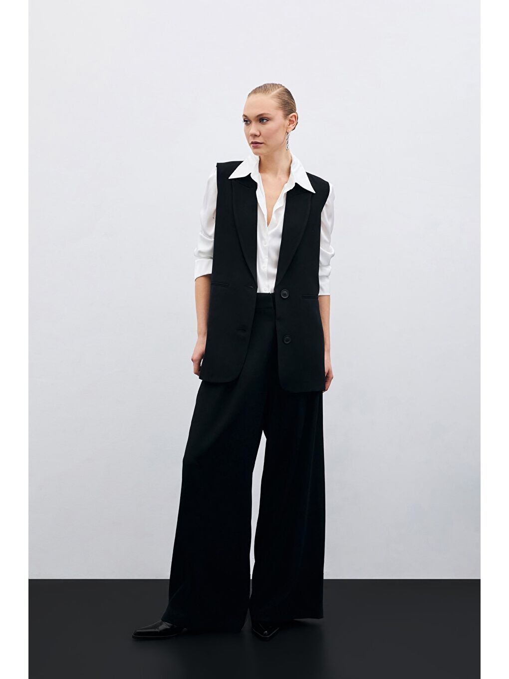 Yüksek Bel Bol Paça Pantolon - Siyah-2