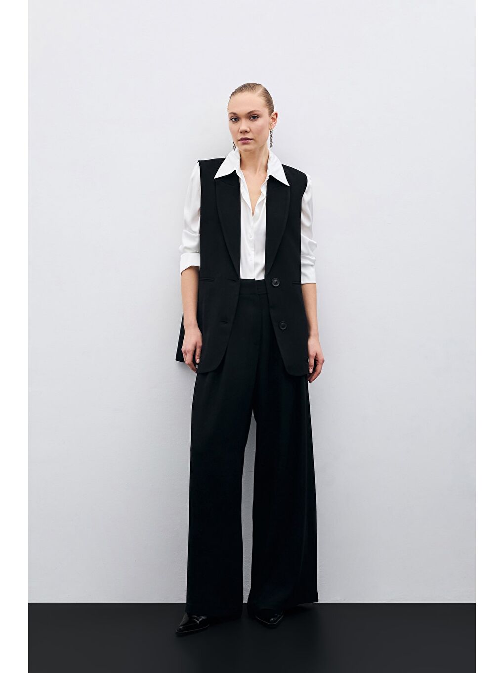 Yüksek Bel Bol Paça Pantolon - Siyah-3