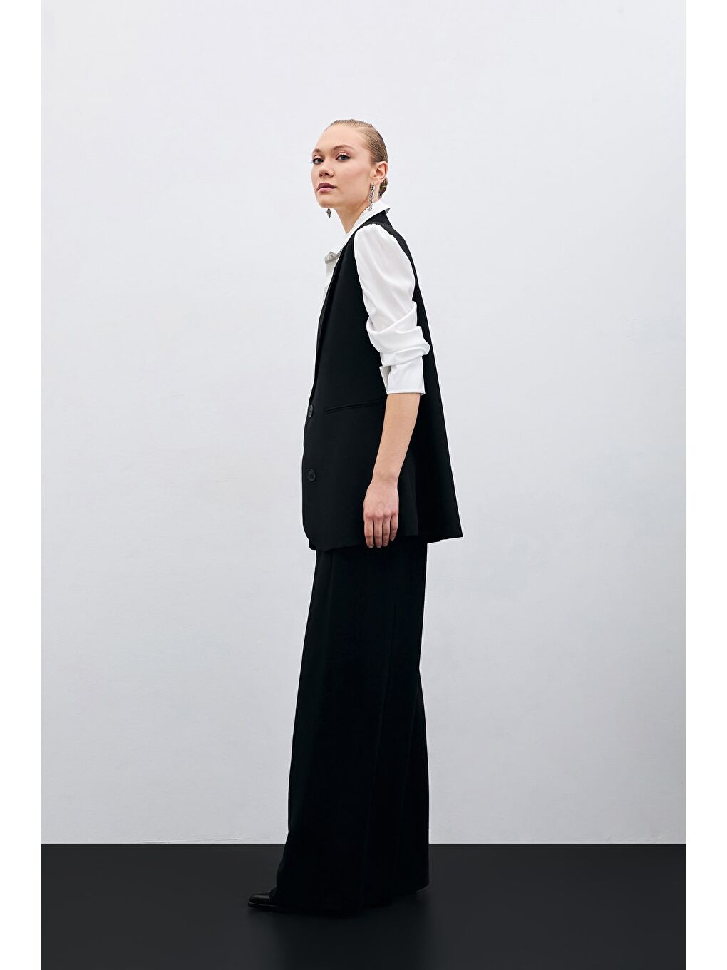 Yüksek Bel Bol Paça Pantolon - Siyah-4