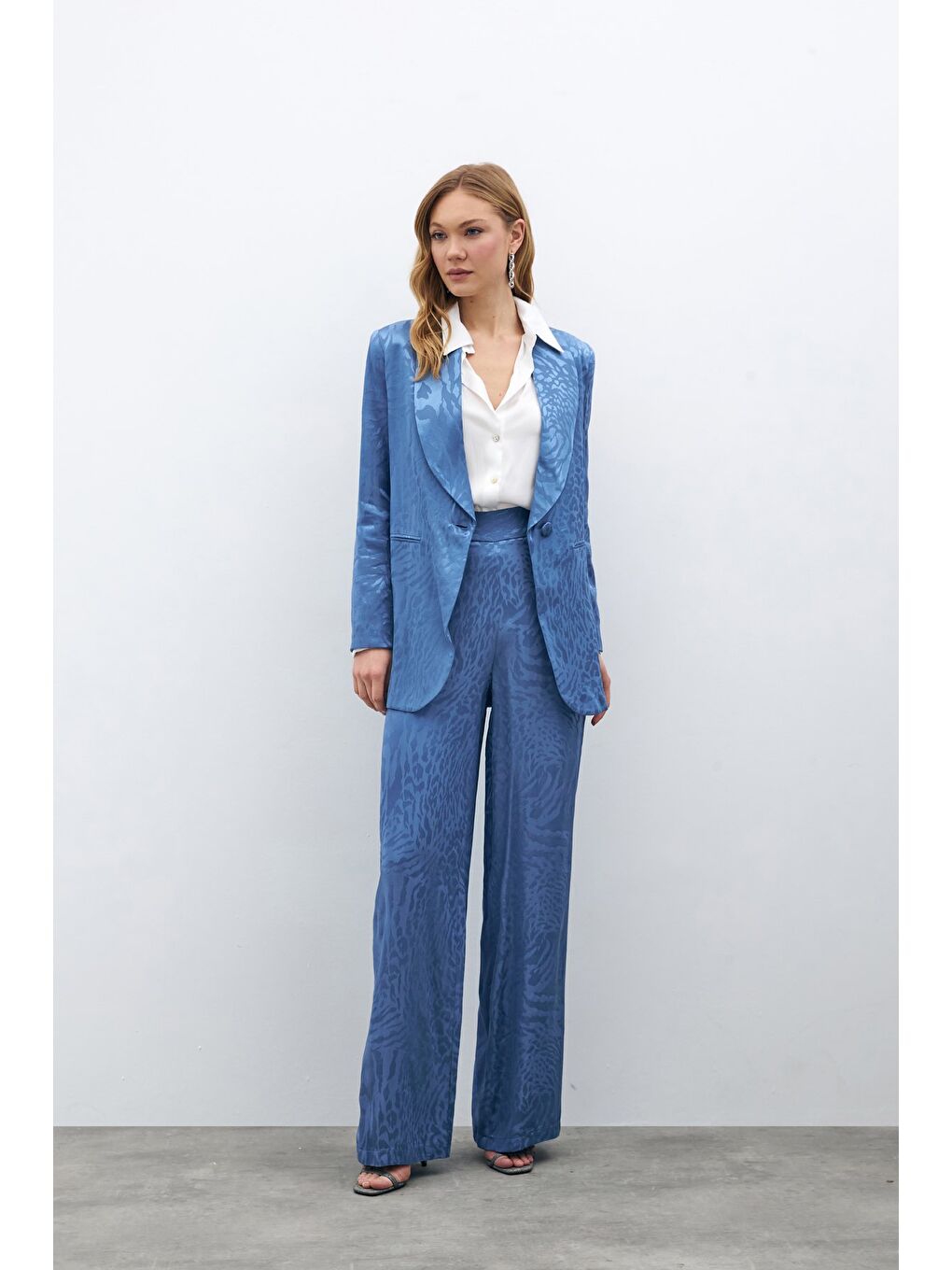 Desenli Saten Pantolon - İndigo-4