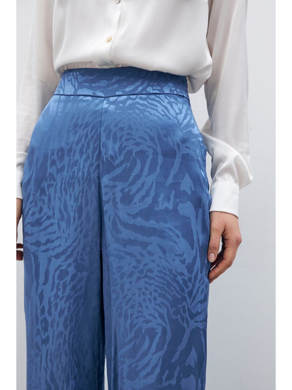 Desenli Saten Pantolon - İndigo-5