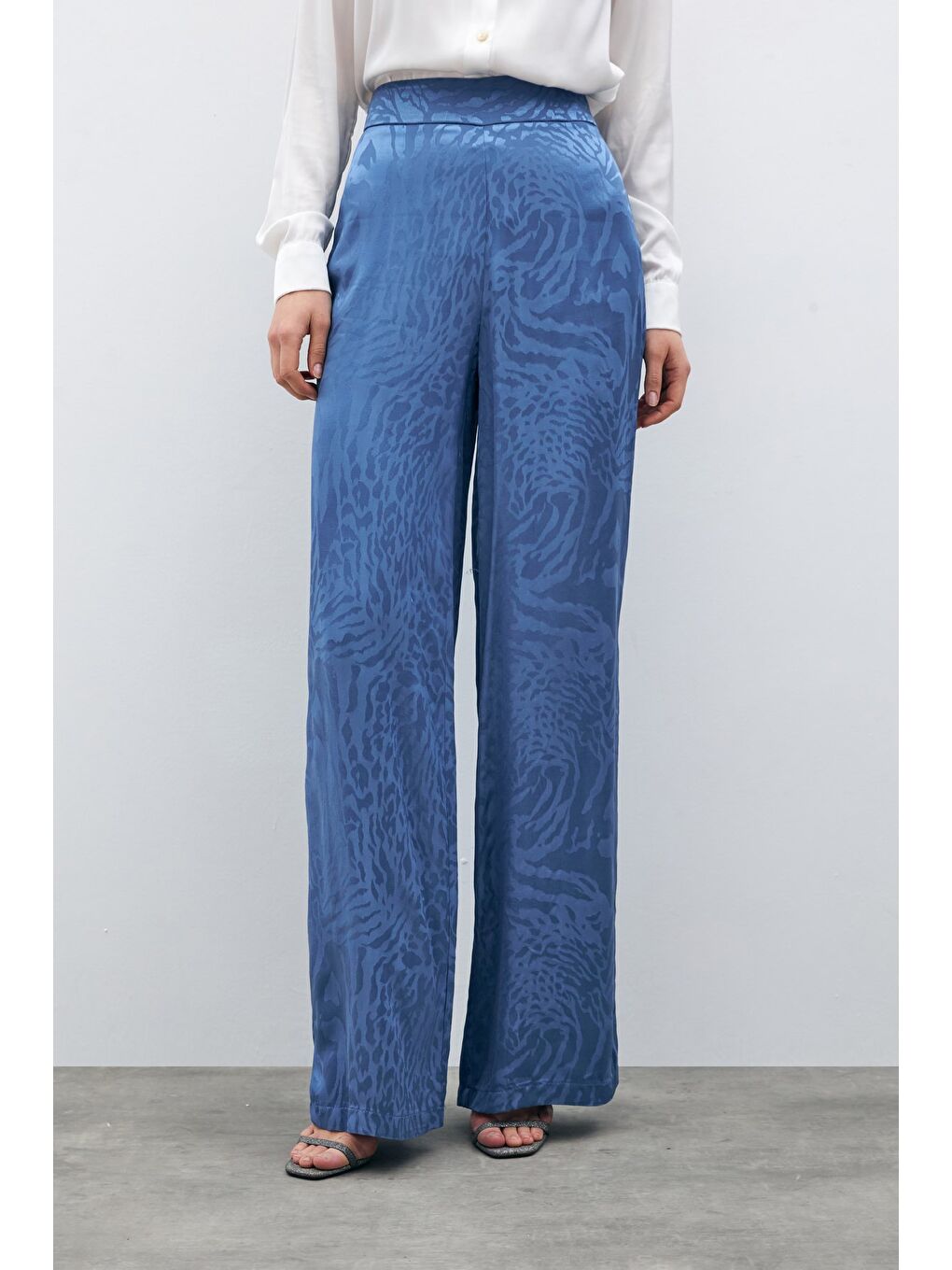 Desenli Saten Pantolon - İndigo-6