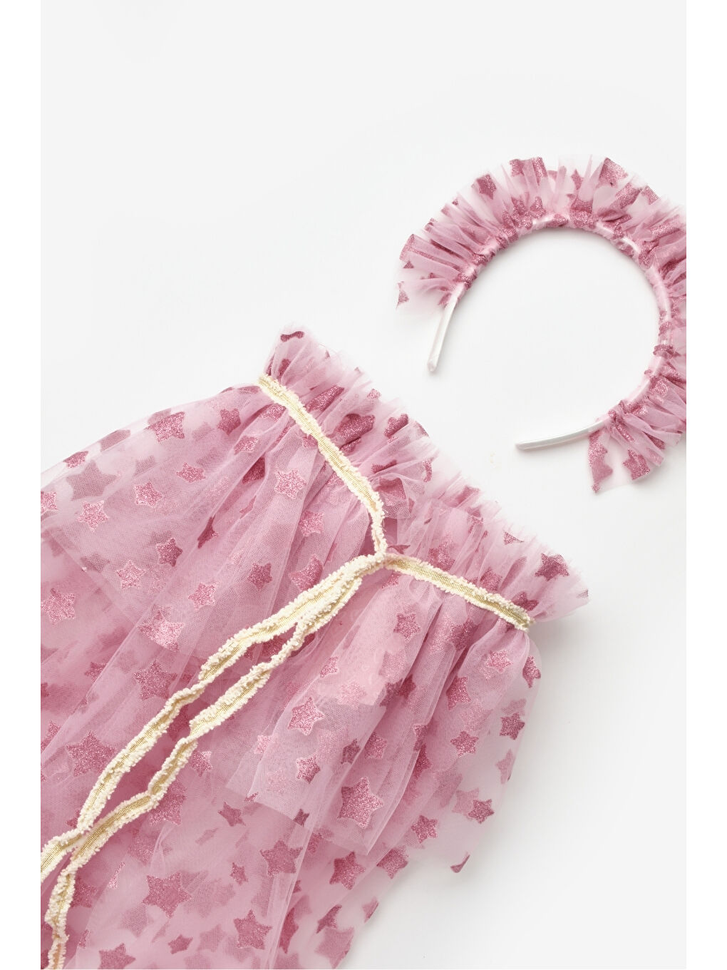Pembe Gülkurusu Yıldız Baskılı Kız Çocuk Yıldızlı Pelerin Asa ve Taç Set-2