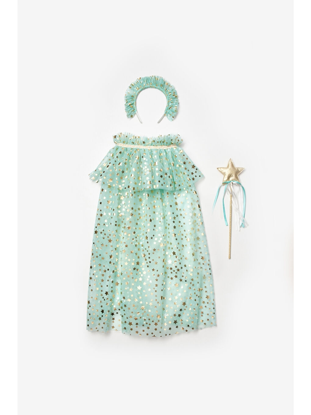 Yeşil Mint Simli Kız Çocuk Yıldızlı Pelerin Asa ve Taç Set-1