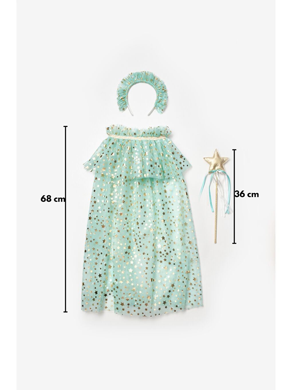 Yeşil Mint Simli Kız Çocuk Yıldızlı Pelerin Asa ve Taç Set-3
