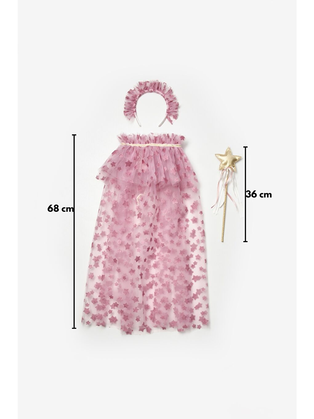 Pembe Gülkurusu Yıldız Baskılı Kız Çocuk Yıldızlı Pelerin Asa ve Taç Set-3