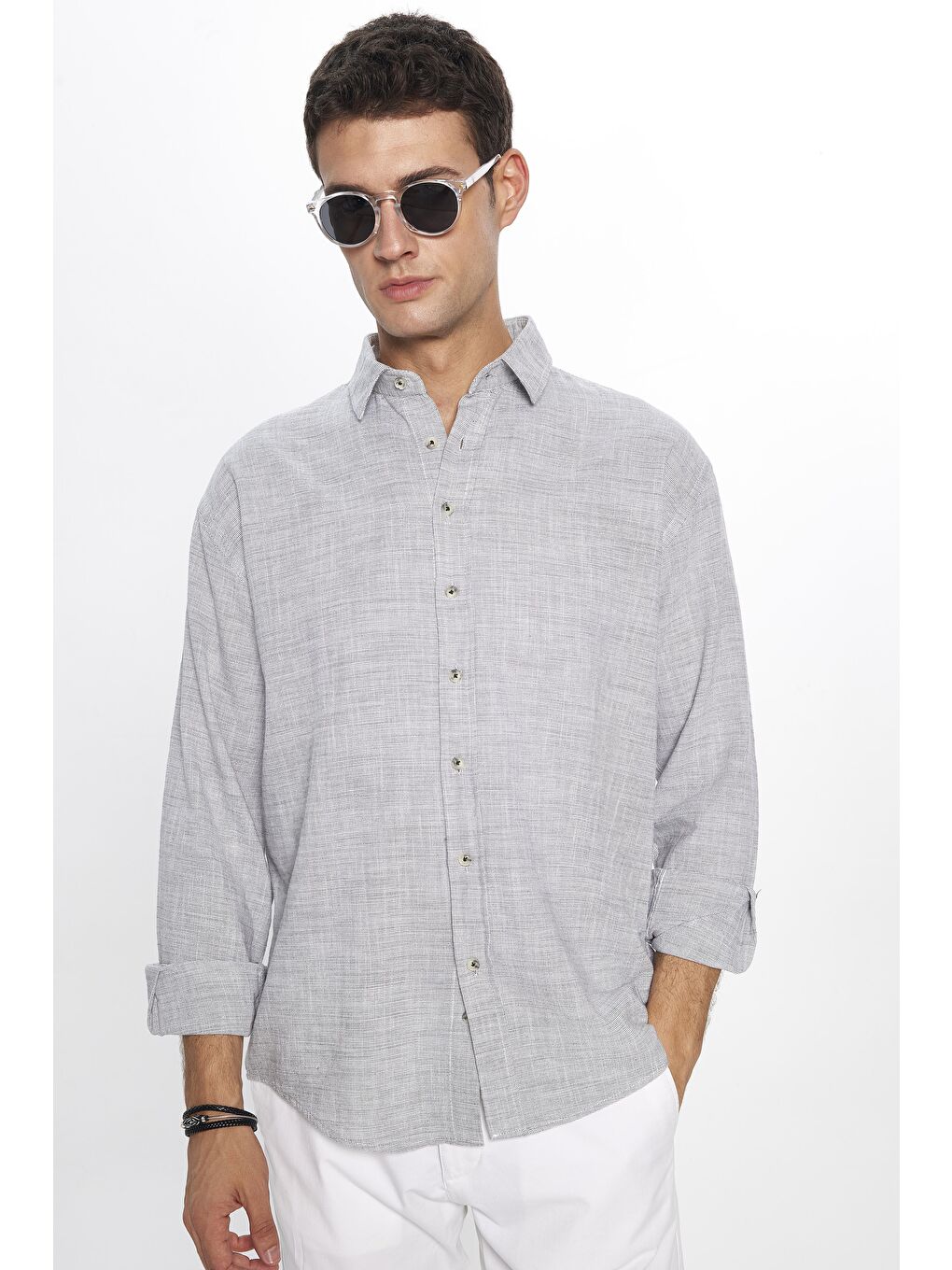 Siyah Erkek Relax Fit Rahat Kesim Oversize Uzun Kollu %100 Pamuk Keten Doku Gri Gömlek