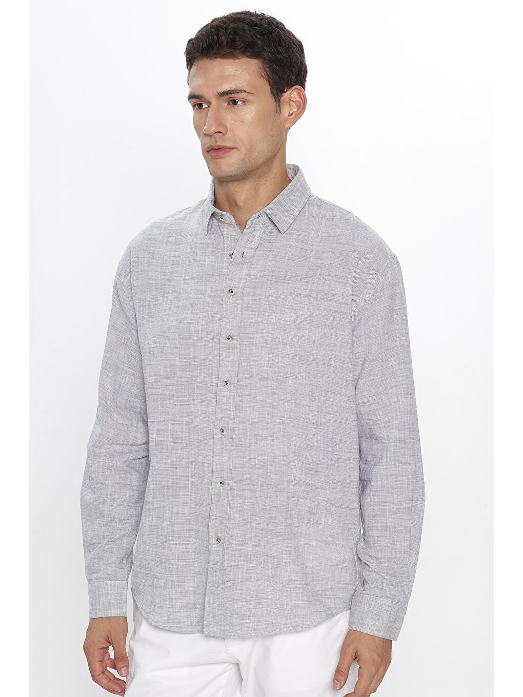Siyah Erkek Relax Fit Rahat Kesim Oversize Uzun Kollu %100 Pamuk Keten Doku Gri Gömlek-3