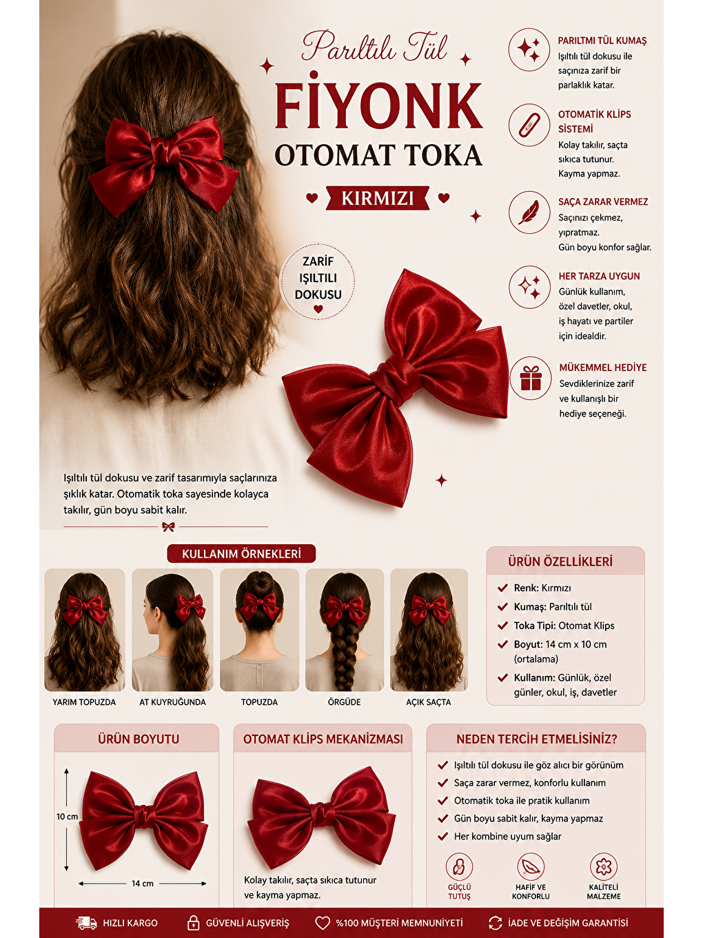 Parıltılı Tül Fiyonk Otomat Toka Kırmızı-3