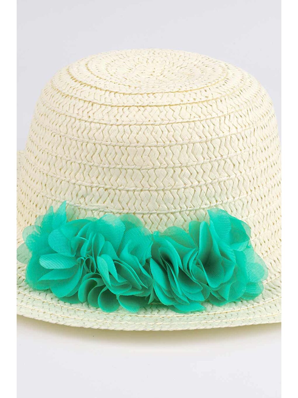 Yeşil Mint Çiçek Detaylı Kız Çocuk Hasır Şapka-1
