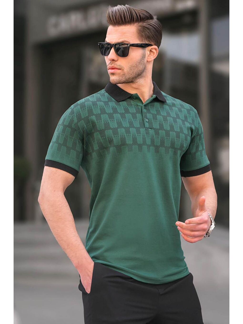Koyu Yeşil Regular Fit Desenli Erkek Polo Tişört 6109