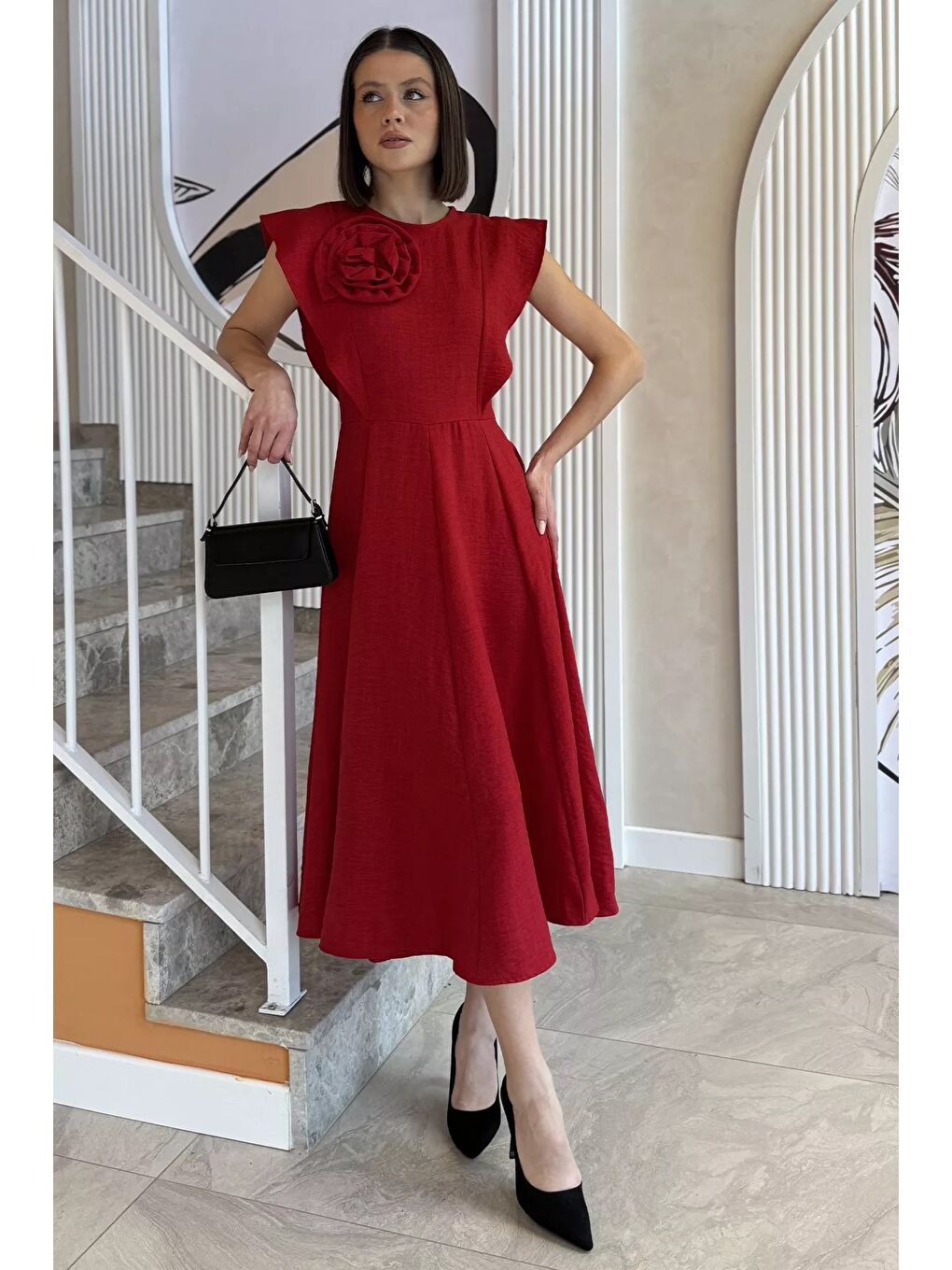 Kırmızı Gül Detaylı Kadın Elbise-1