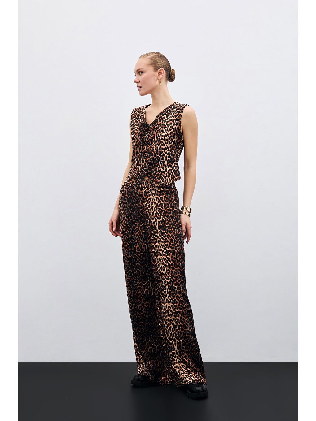 Bol Paça Leopar Pantolon - Siyah-1
