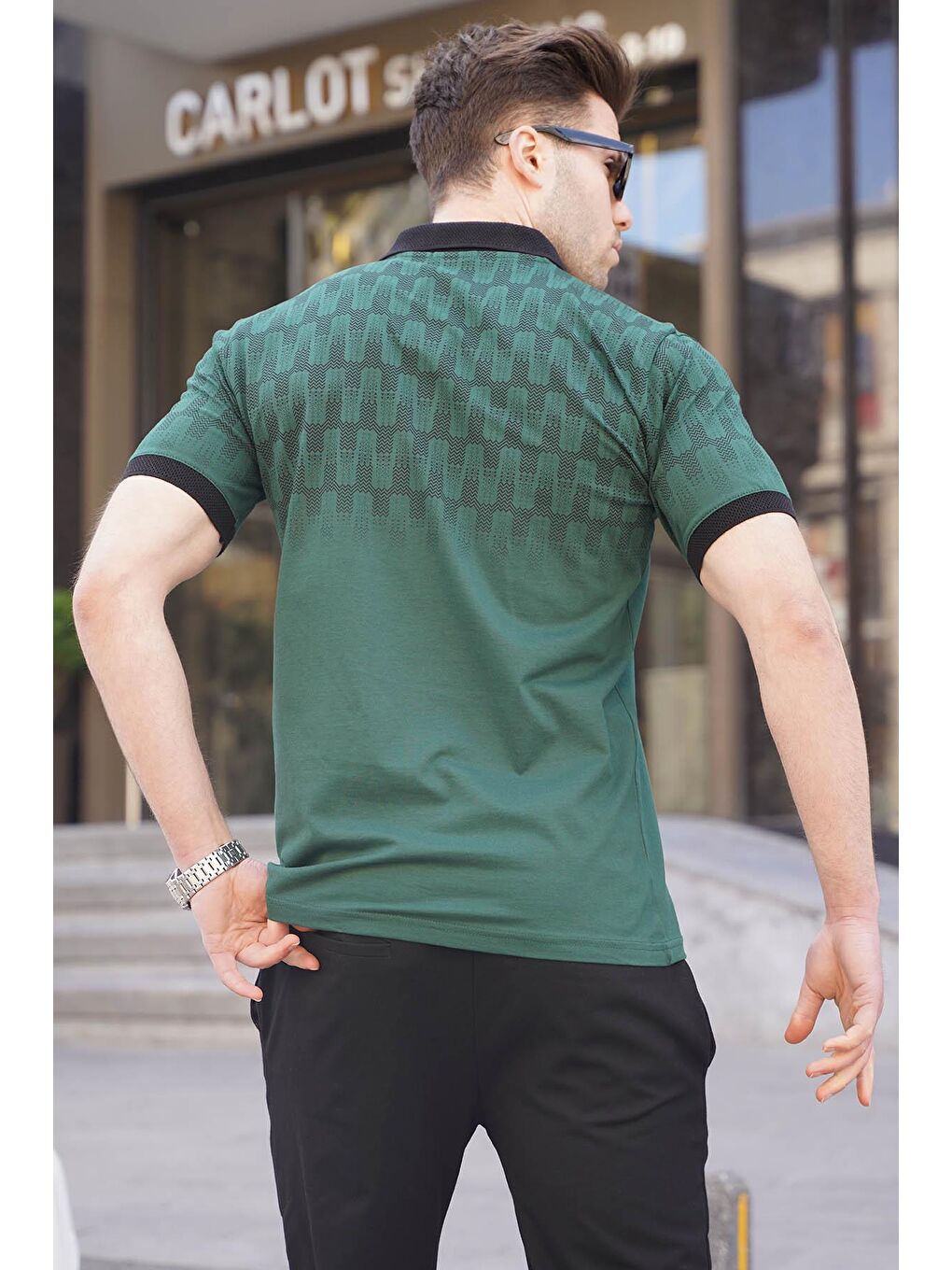 Koyu Yeşil Regular Fit Desenli Erkek Polo Tişört 6109-1