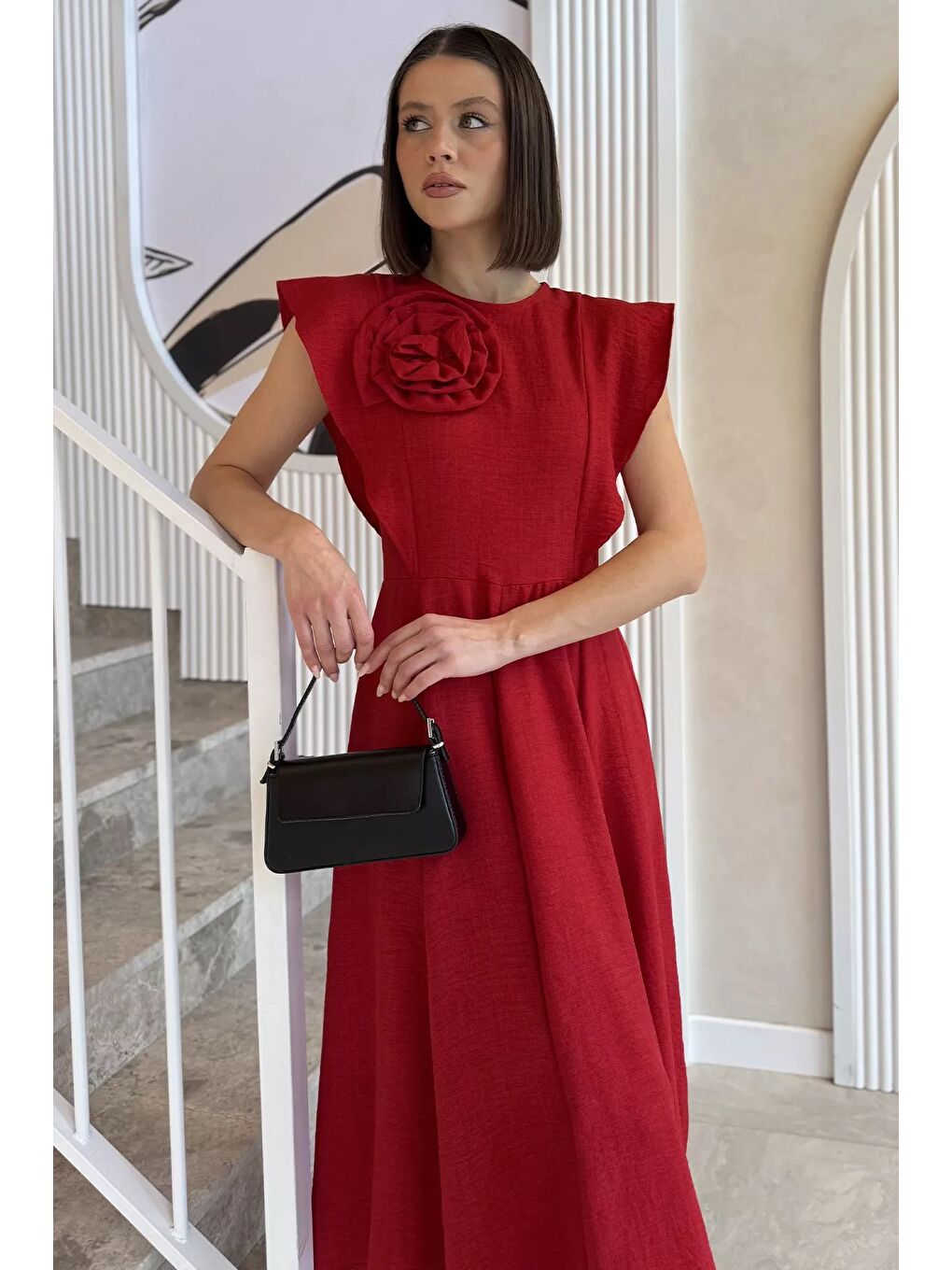Kırmızı Gül Detaylı Kadın Elbise-2