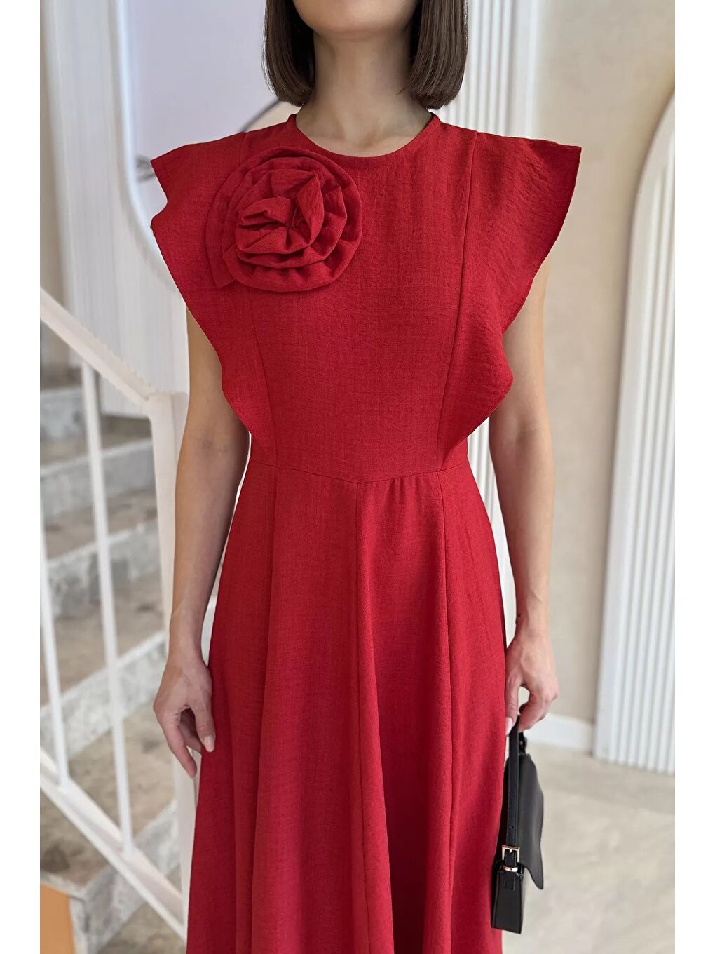 Kırmızı Gül Detaylı Kadın Elbise-3