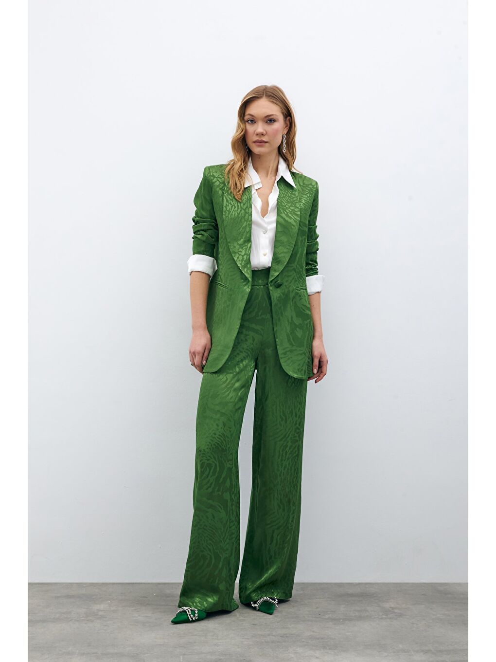 Desenli Saten Pantolon - Yeşil-1