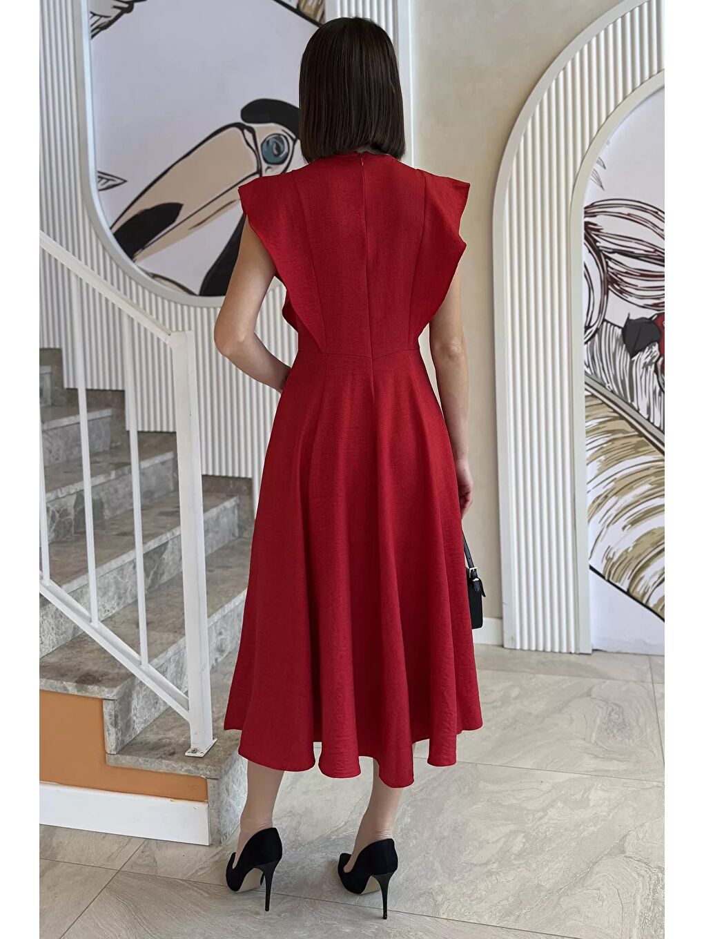 Kırmızı Gül Detaylı Kadın Elbise-4