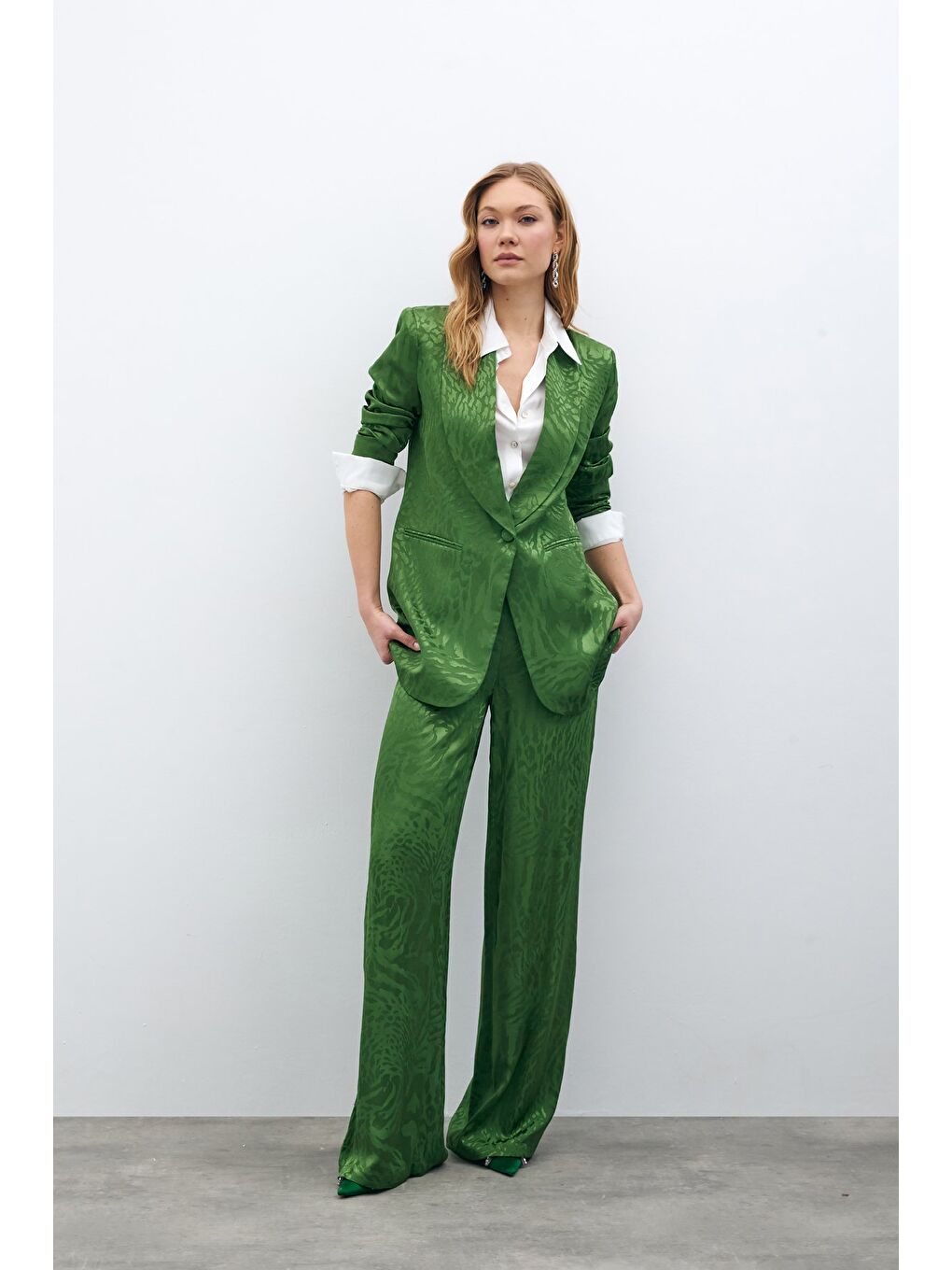 Desenli Saten Pantolon - Yeşil-2