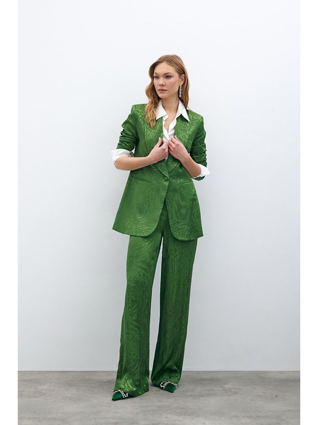 Desenli Saten Pantolon - Yeşil-3
