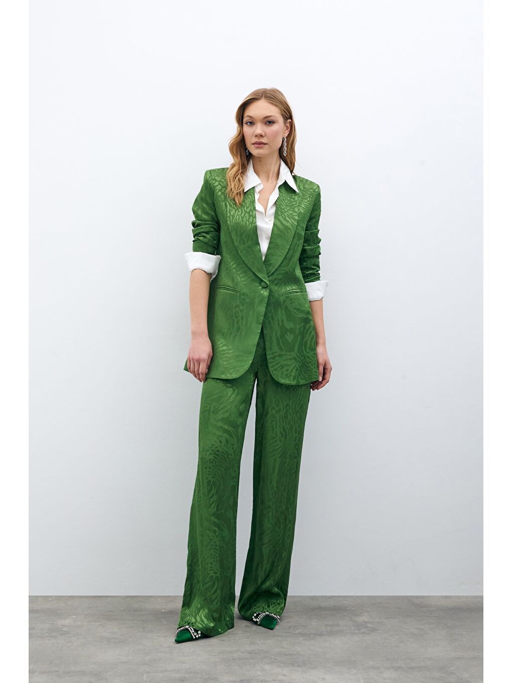 Desenli Saten Pantolon - Yeşil-4