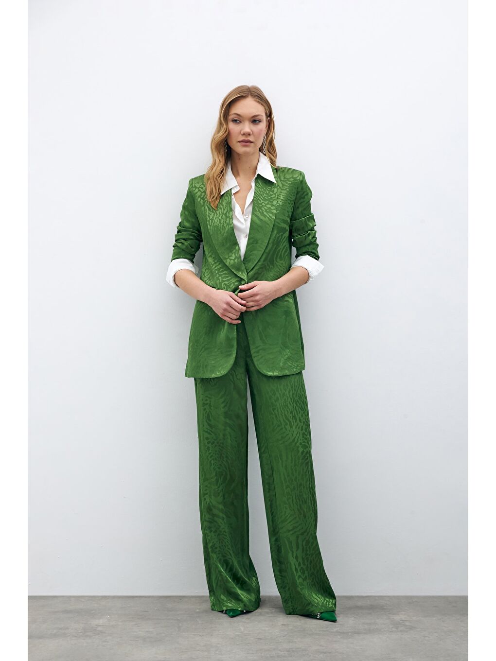 Desenli Saten Pantolon - Yeşil-5