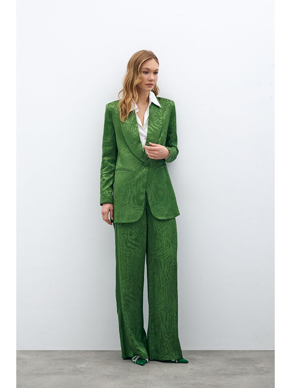 Desenli Saten Pantolon - Yeşil-6