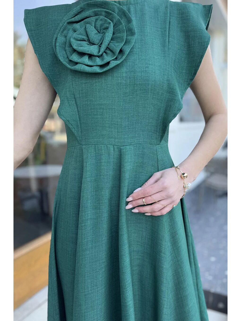 Yeşil Gül Detaylı Kadın Elbise-2