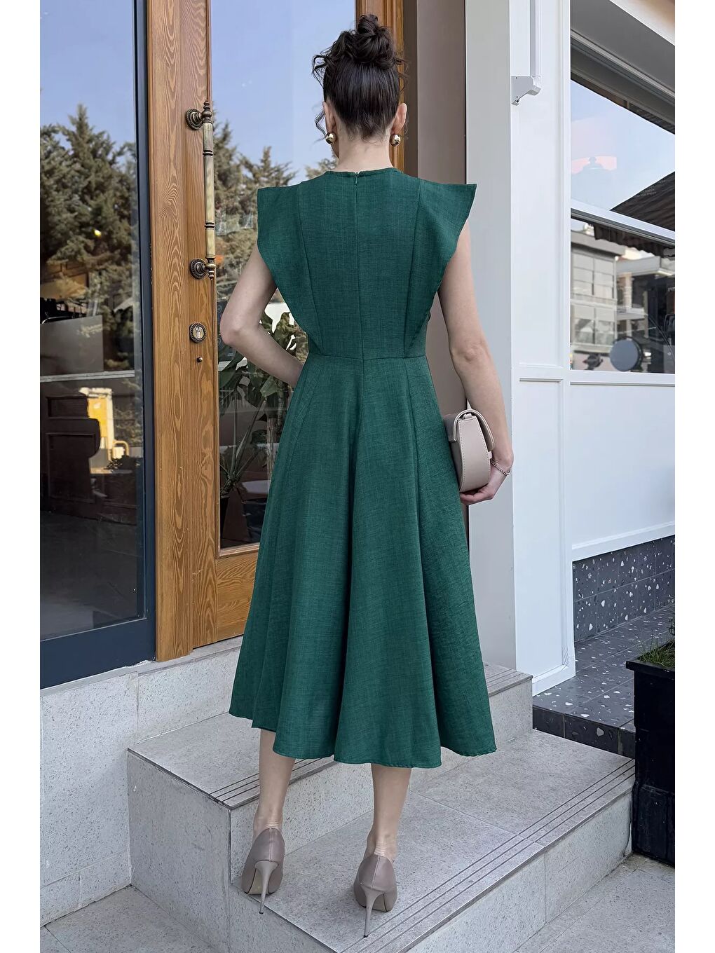 Yeşil Gül Detaylı Kadın Elbise-3