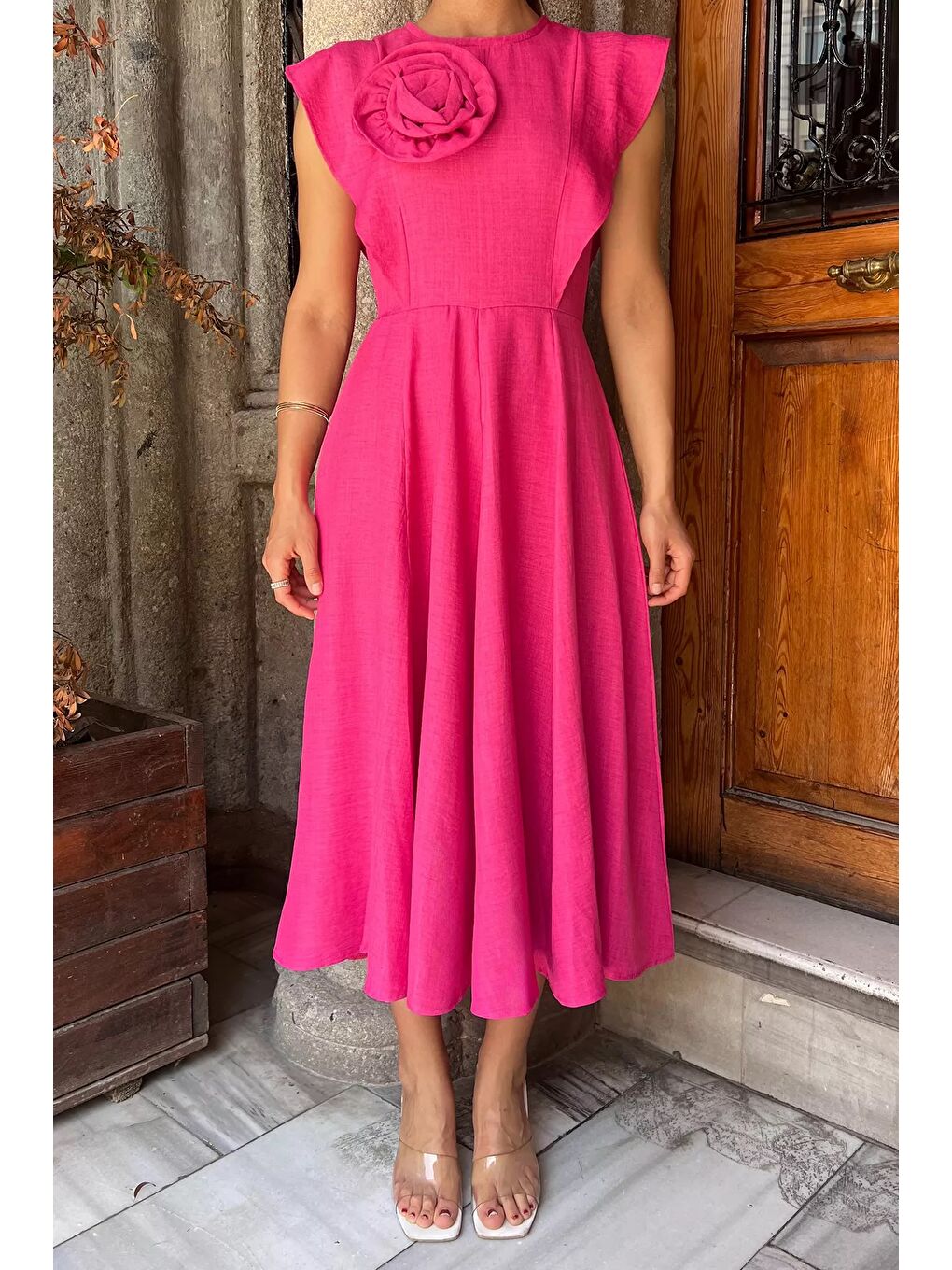 Fuşya Gül Detaylı Kadın Elbise-6
