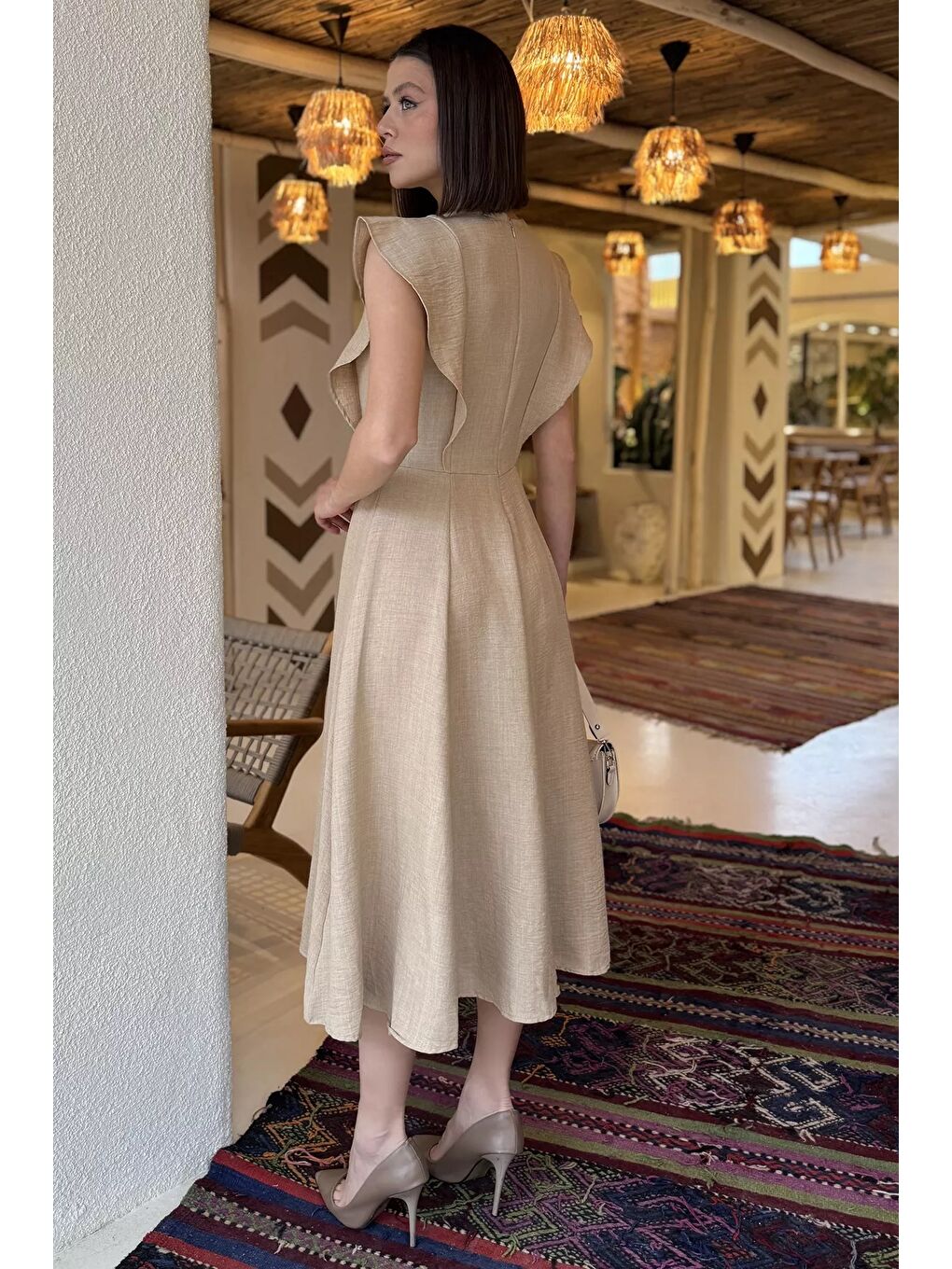 Bej Gül Detaylı Kadın Elbise-4