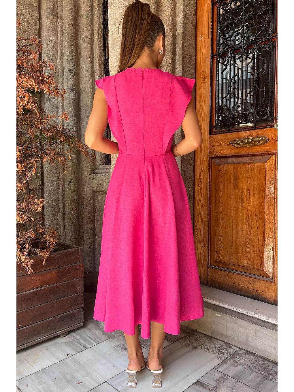 Fuşya Gül Detaylı Kadın Elbise-7