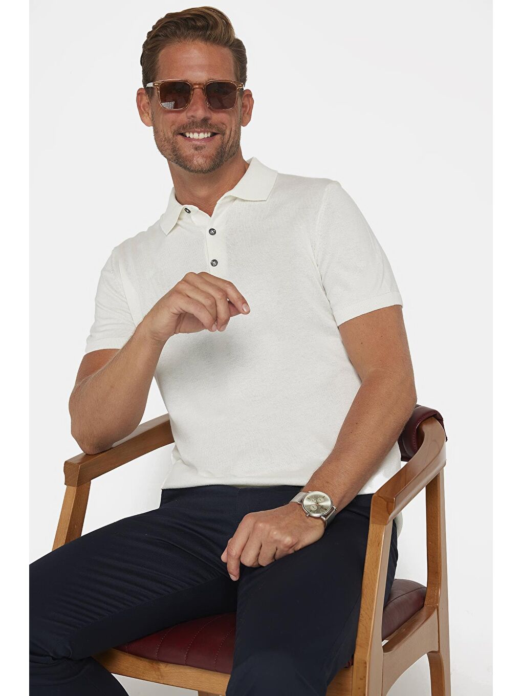 Erkek Polo Yaka Slim Fit Örme Triko Pamuklu Beyaz Tişört