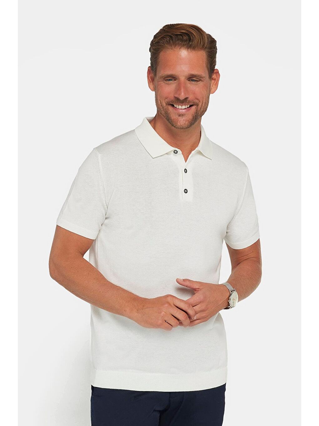 Erkek Polo Yaka Slim Fit Örme Triko Pamuklu Beyaz Tişört-1