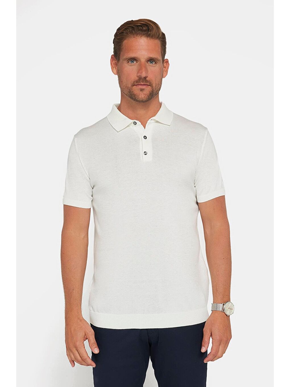 Erkek Polo Yaka Slim Fit Örme Triko Pamuklu Beyaz Tişört-2