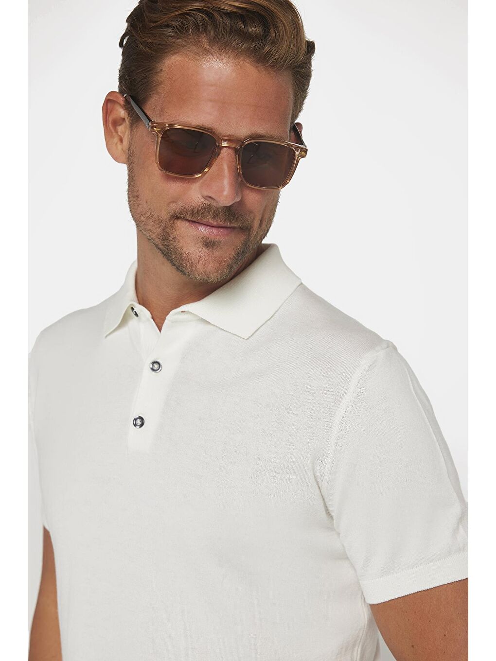 Erkek Polo Yaka Slim Fit Örme Triko Pamuklu Beyaz Tişört-3