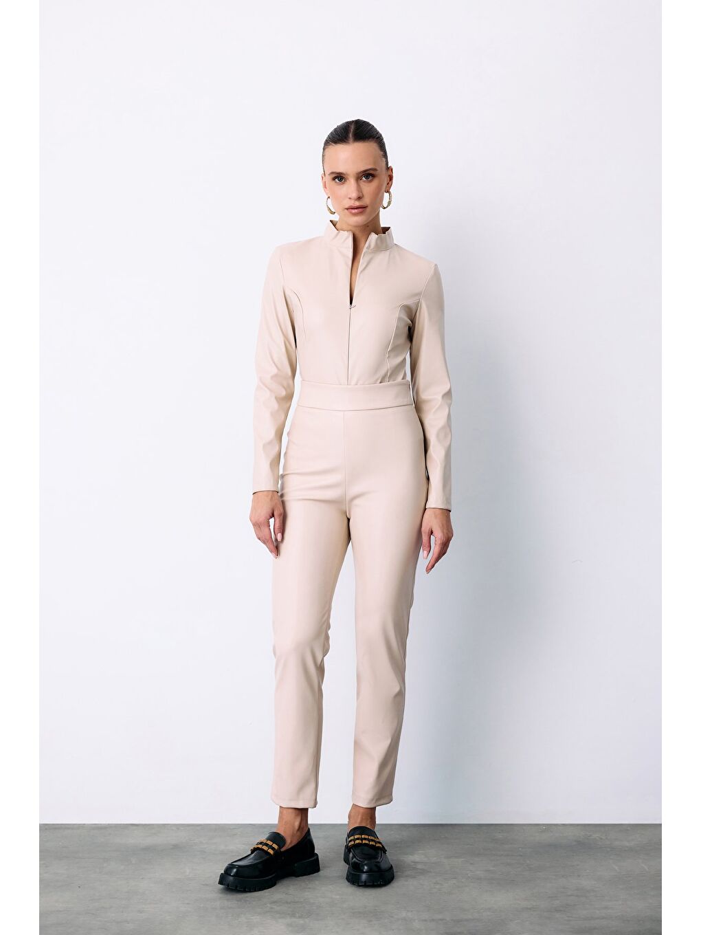 Bej Yüksek Bel Deri Pantolon - Taş-1