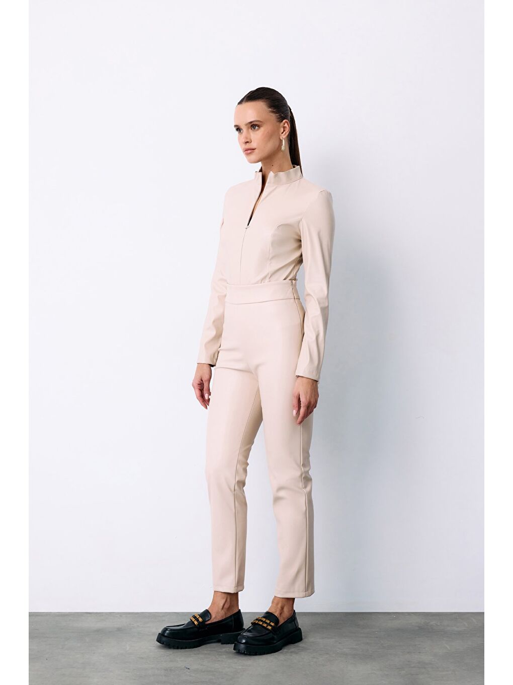 Bej Yüksek Bel Deri Pantolon - Taş-2