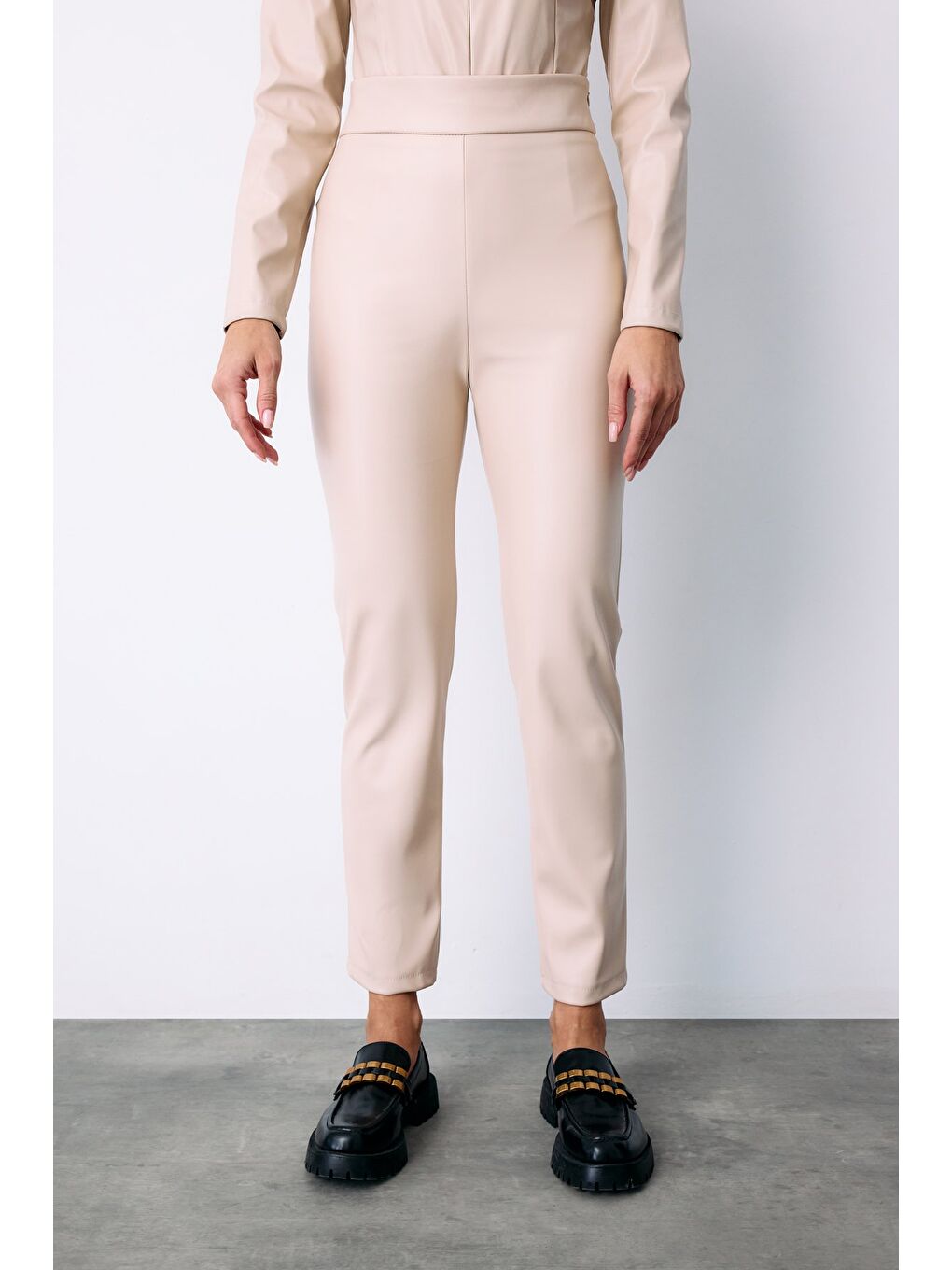 Bej Yüksek Bel Deri Pantolon - Taş-3