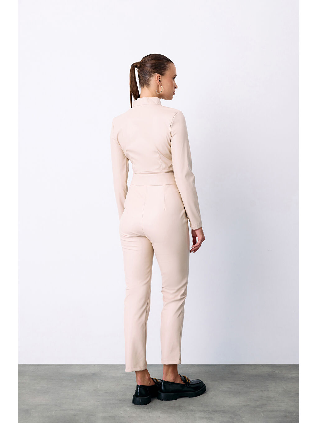 Bej Yüksek Bel Deri Pantolon - Taş-4